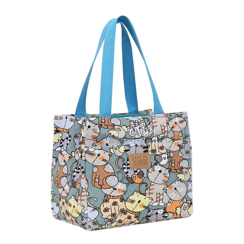 Women's printed canvas bag with aluminium handle in horizontal square design showing floral pattern option