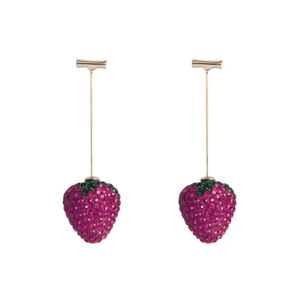 Red geometric strawberry-shaped dangle earrings with spot drill texture on zinc alloy.