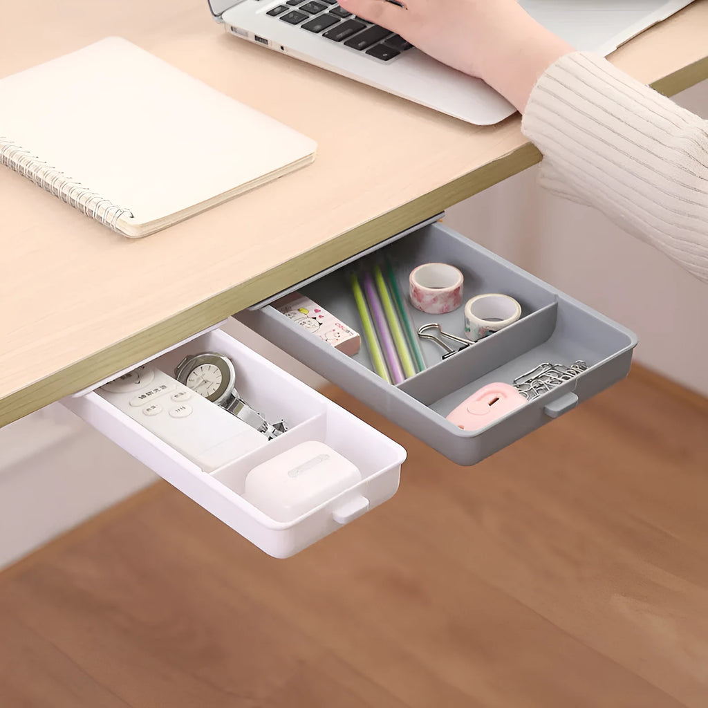 Plastic self-adhesive under desk storage drawer organiser box with grid lid in white, grey, yellow, or orange.