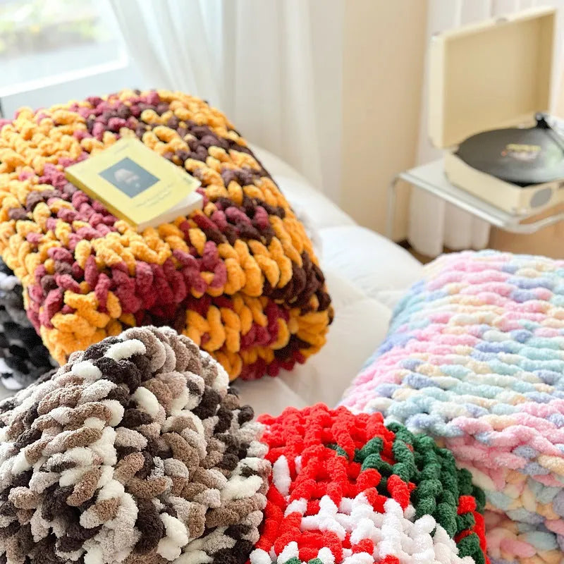 Handmade chenille striped blanket in four colour options showing 130x170cm dimensions