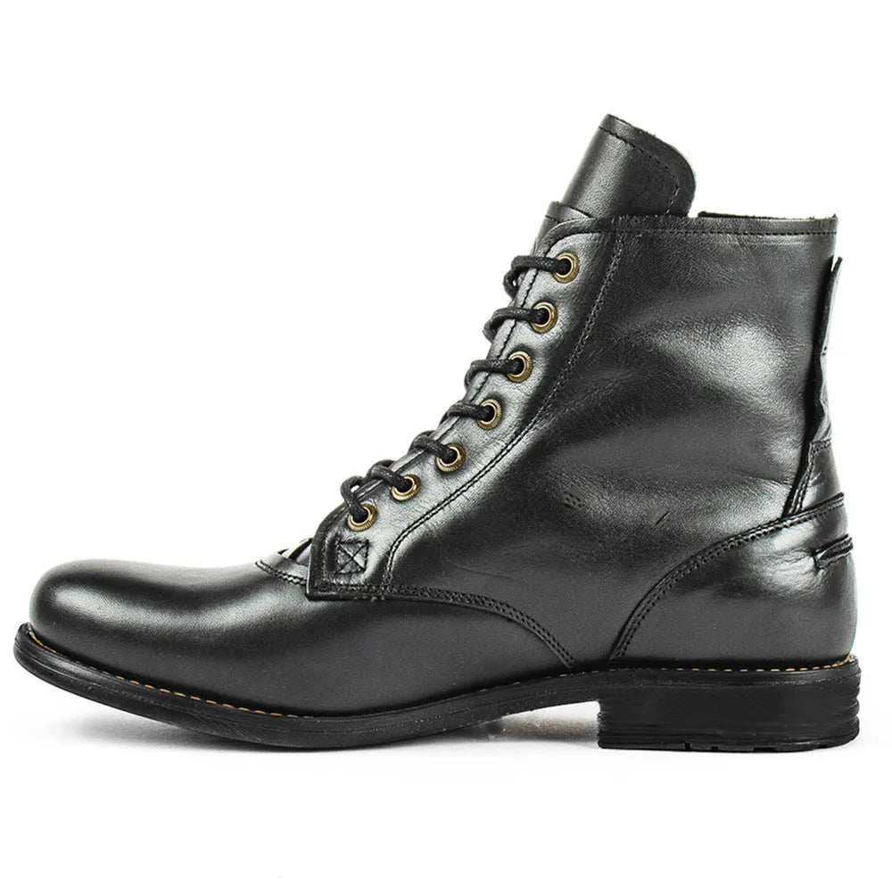 Knight Series black and brown men's leather ankle boots with side zipper and low heel.