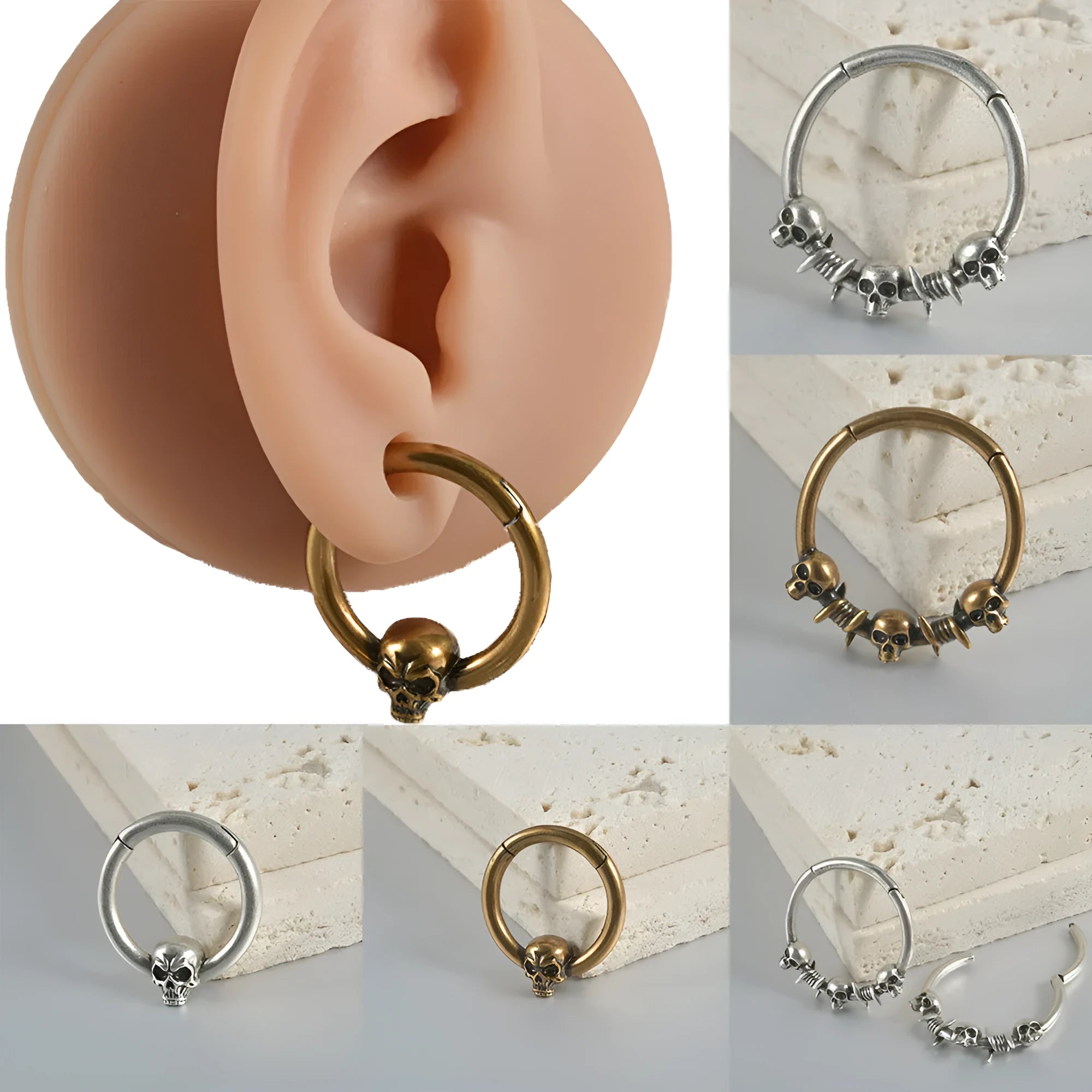Vintage copper punk earrings with Gothic ghost head designs in antique silver or gold finishes