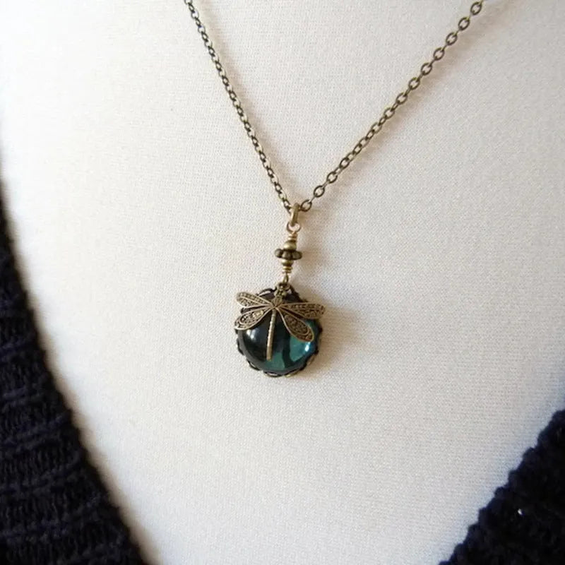 Vintage bronze dragonfly pendant necklace with hand-carved details on 925 silver chain