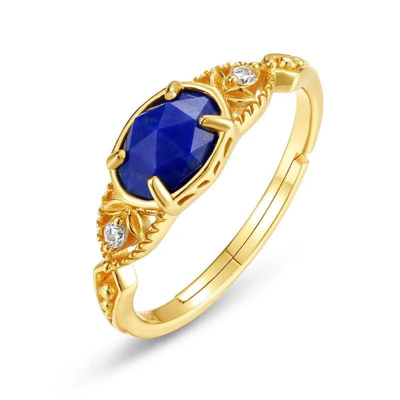 Geometric lapis lazuli silver ring with ellipse stone shape and Japanese design style