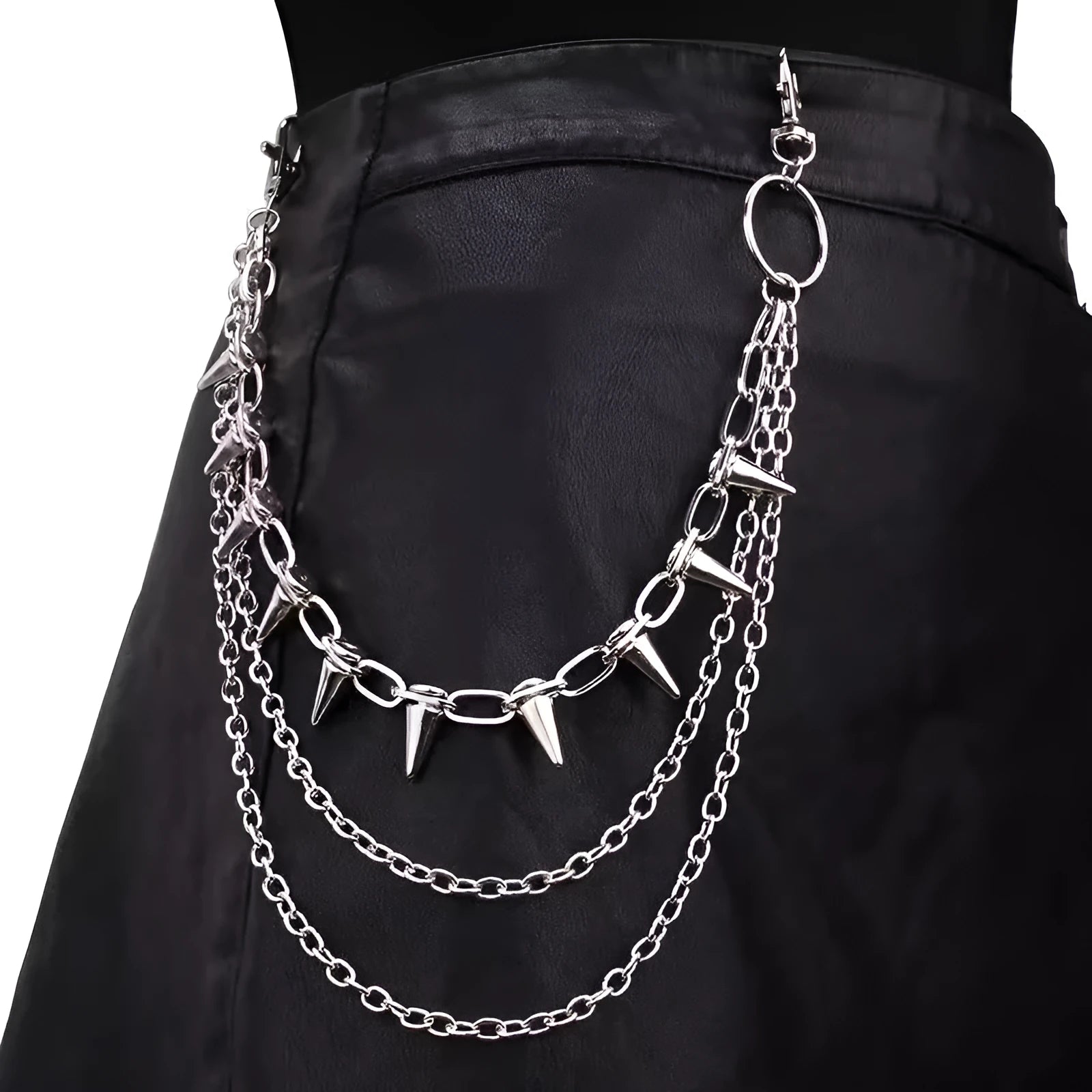 Silver metal trousers chain with double layers, zipper detail and rivet accents on 115cm adjustable chain