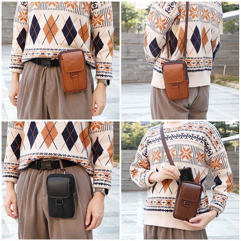 Man's black composite cowhide leather crossbody waist bag with a lock, shown in a vertical square shape.