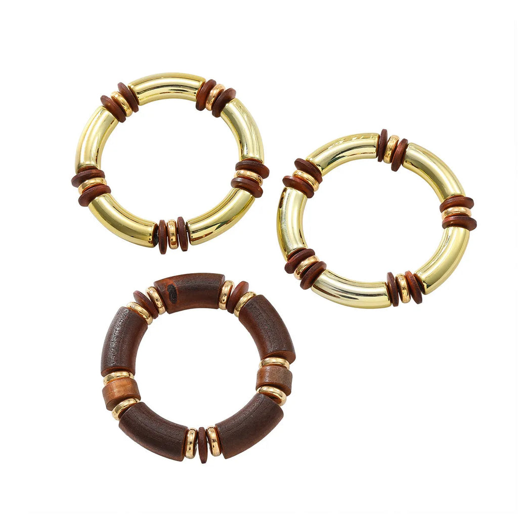 Women's multi-layer wooden necklace and bracelet set with alloy pendant and chain
