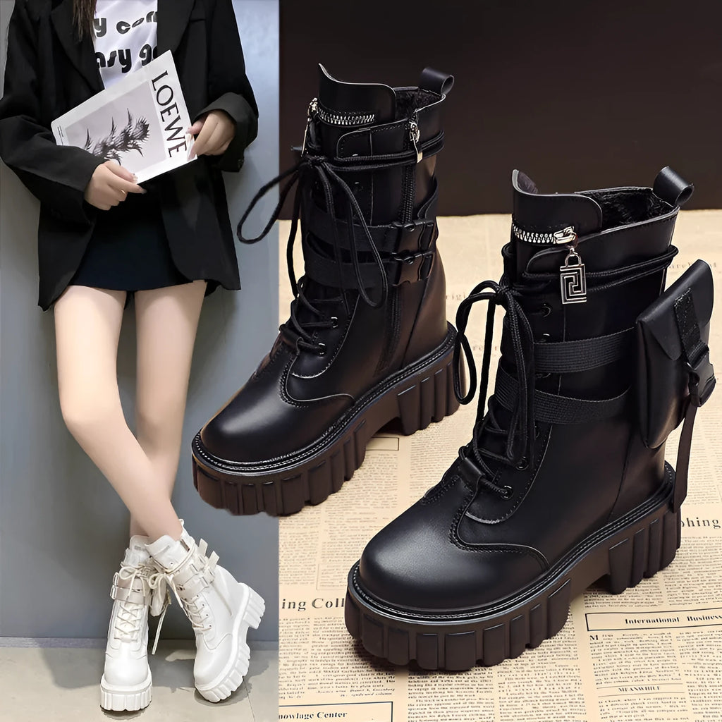 Women's platform mid-calf martin boots in beige with round toe and side zipper
