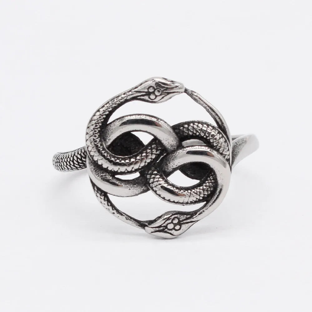 Titanium steel double snake ring in steel colour on a plain background, showing retro design detail.