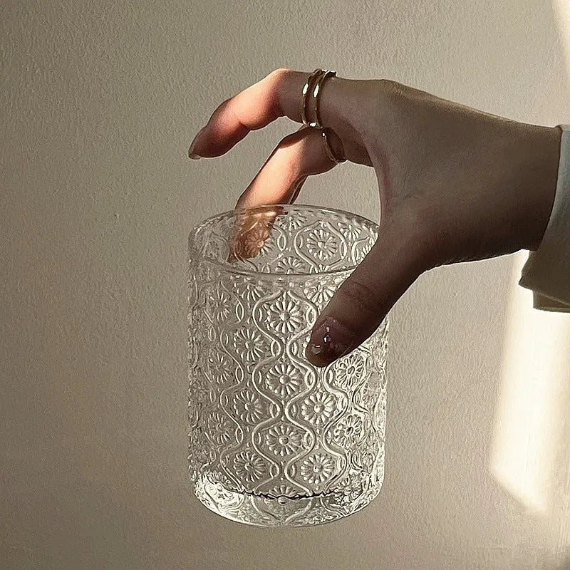 A solid colour begonia patterned glass water cup shown in both tall 380ml and short 250ml sizes.