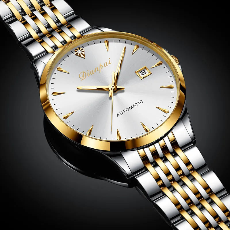 Men's simple dial automatic watch with stainless steel strap in gold-black, gold-blue, gold-white, or white.