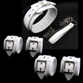 White PU foam bondage set showing handcuffs, ankle cuffs, and a neck scarf on a dark background.