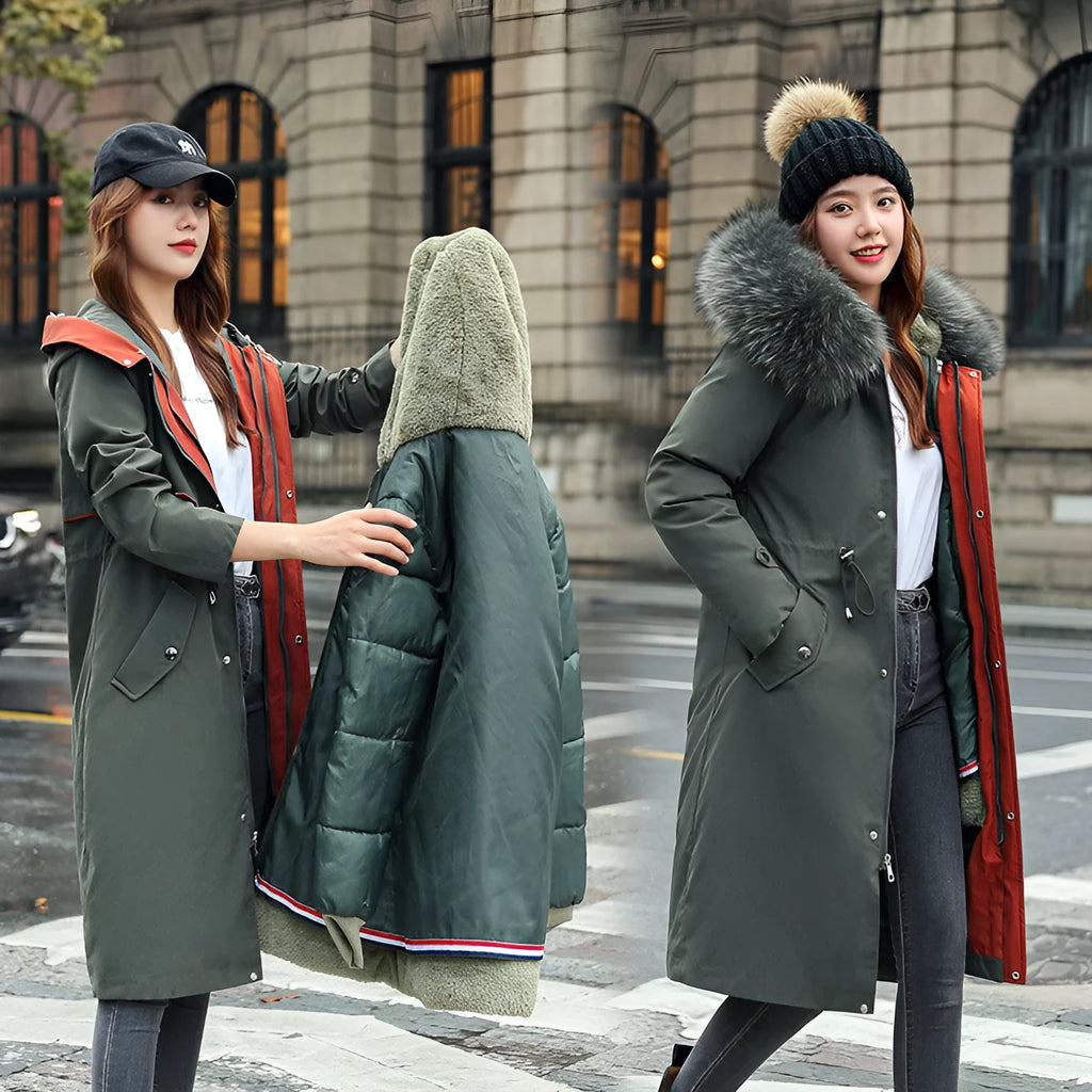 Women's long padded trench coat in polyester fleece with down cotton filler, 100cm length