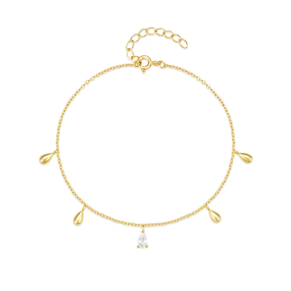 Gold S925 sterling silver bracelet with water drop diamond pendant on a geometric chain.