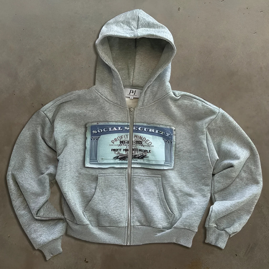 Unisex loose fit hoodie jacket with letters pattern and zipper pockets in black, grey, or pink.