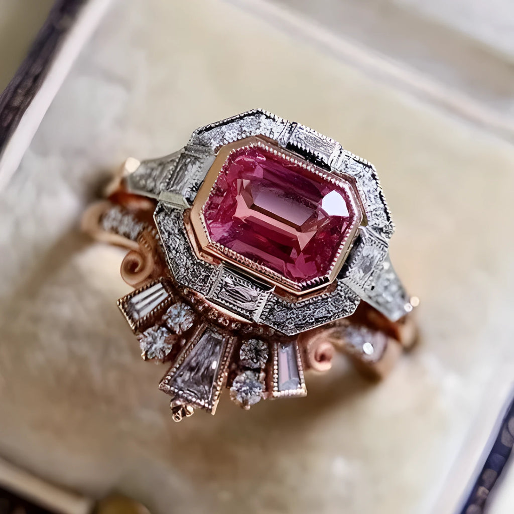 Rose gold alloy women's fashion ring with geometric shape and gemstones in a retro style.