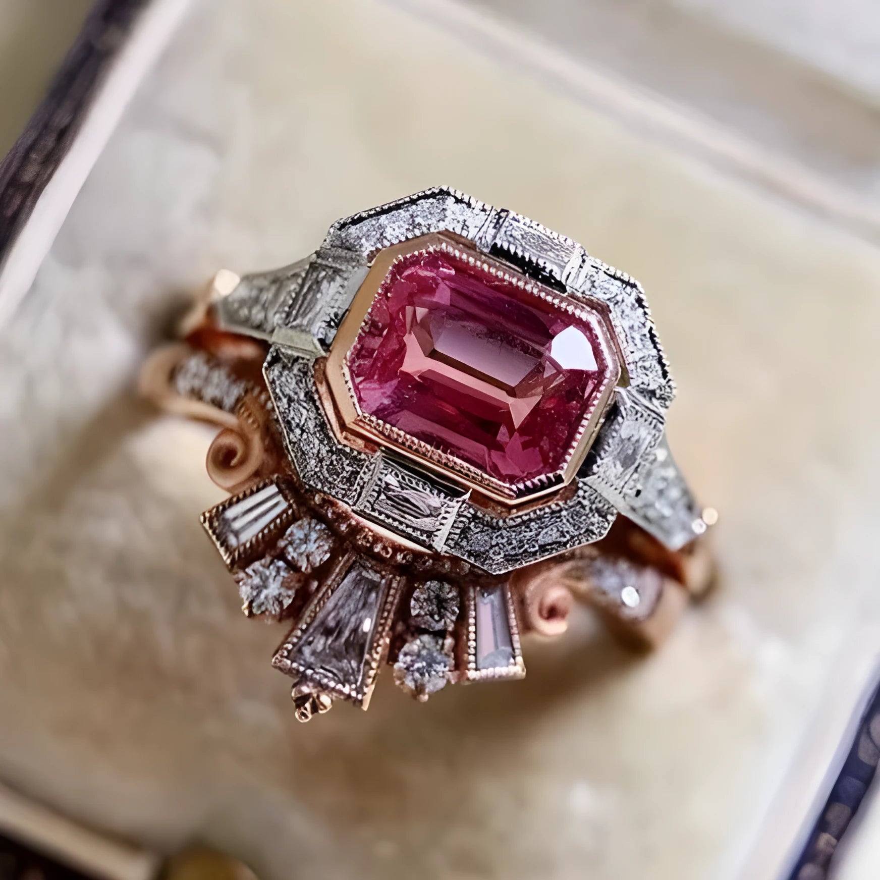 Rose gold alloy women's fashion ring with geometric shape and gemstones in a retro style.