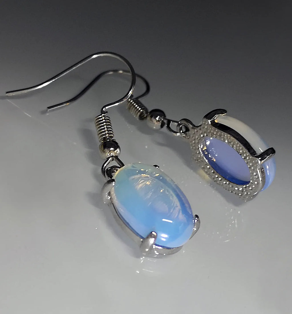 Moonlight white opal drop earrings with ellipse moonstone and retro cross design