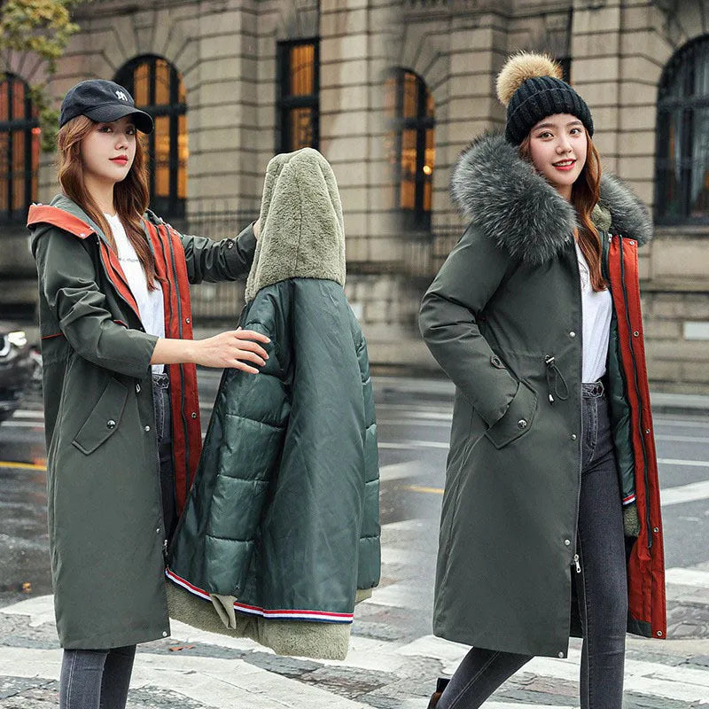 Women's long padded trench coat in polyester fleece with down cotton filler, 100cm length