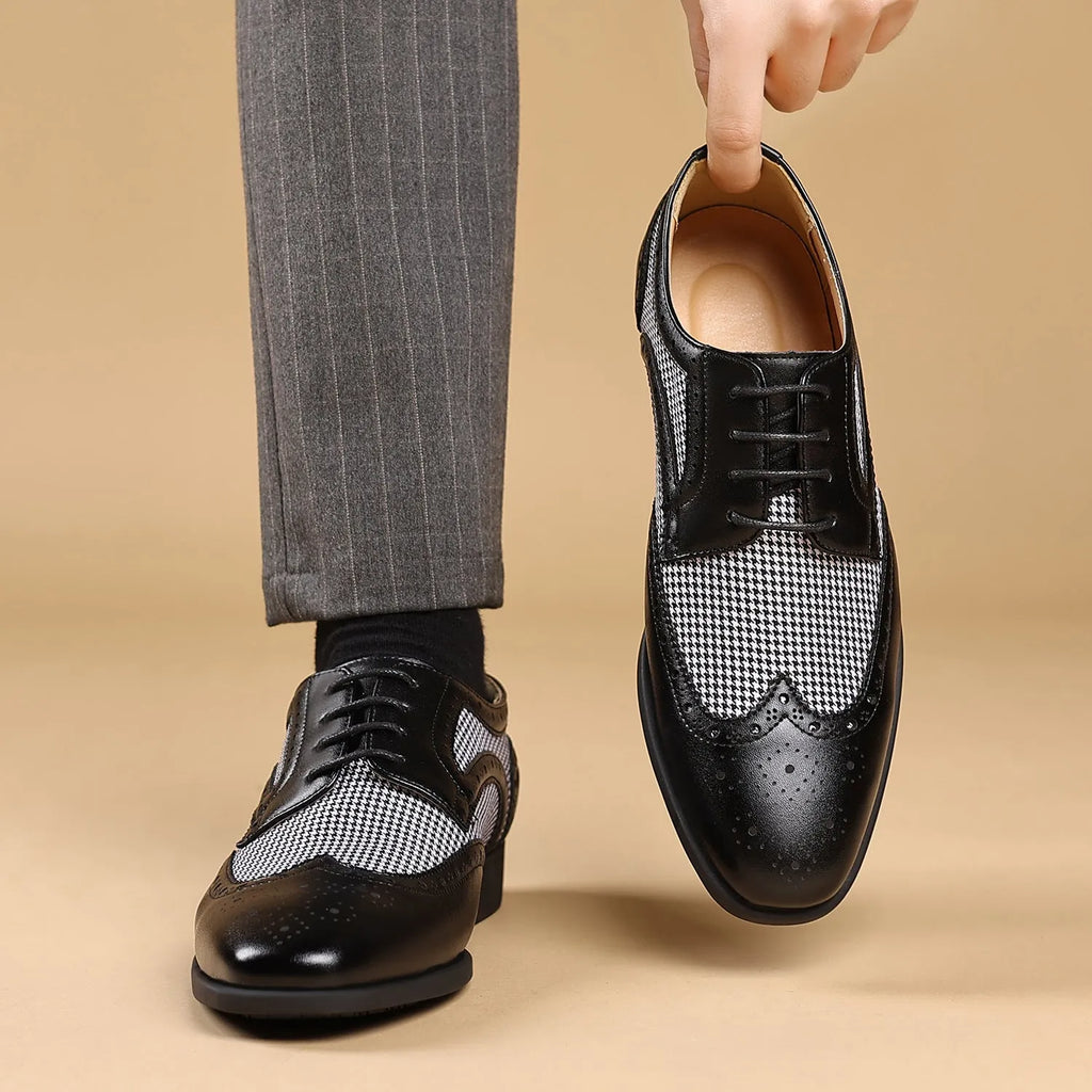Men's black houndstooth pattern casual shoes with square toe and lace-up front.