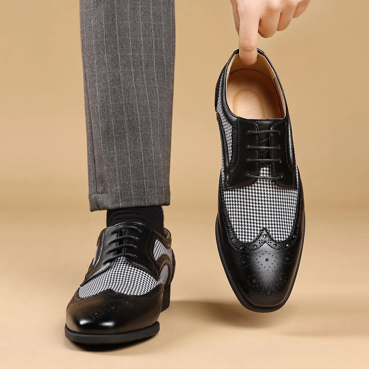 Men's black houndstooth pattern casual shoes with square toe and lace-up front.
