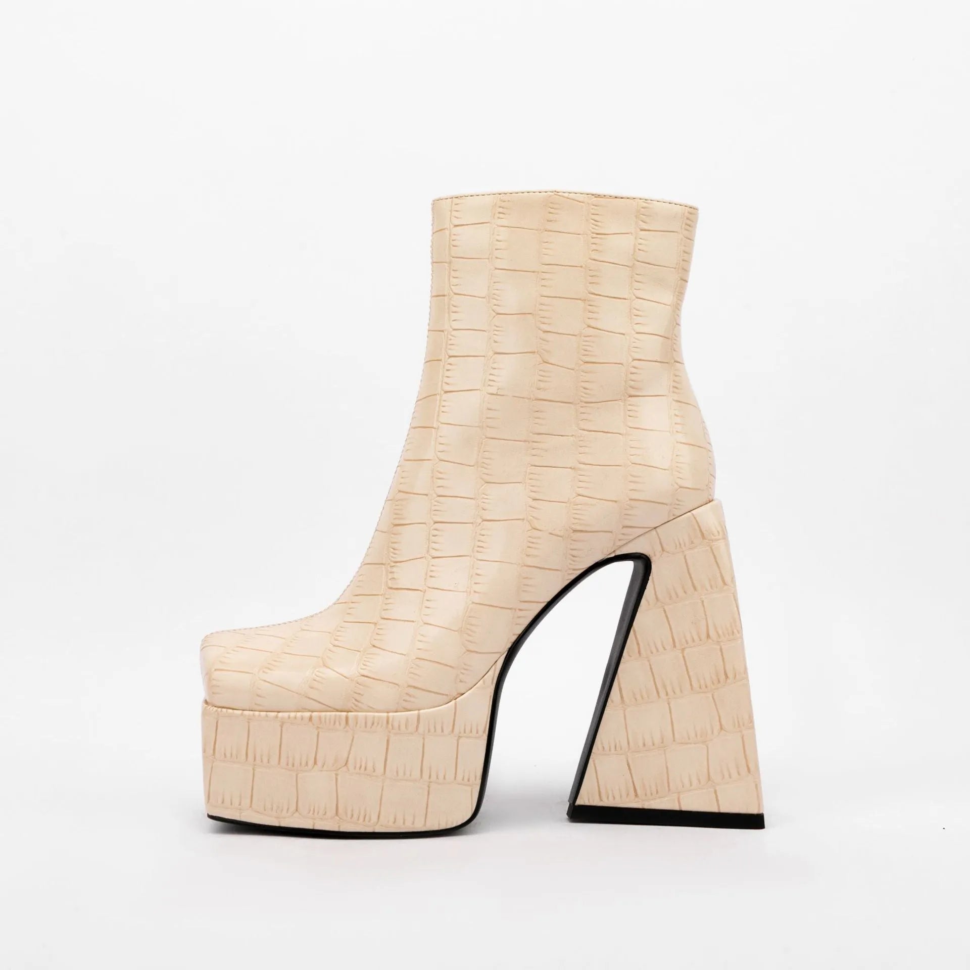 Women's ankle boots in artificial PU leather with a super high heel, shown in red, green, black, beige, and brown colours.