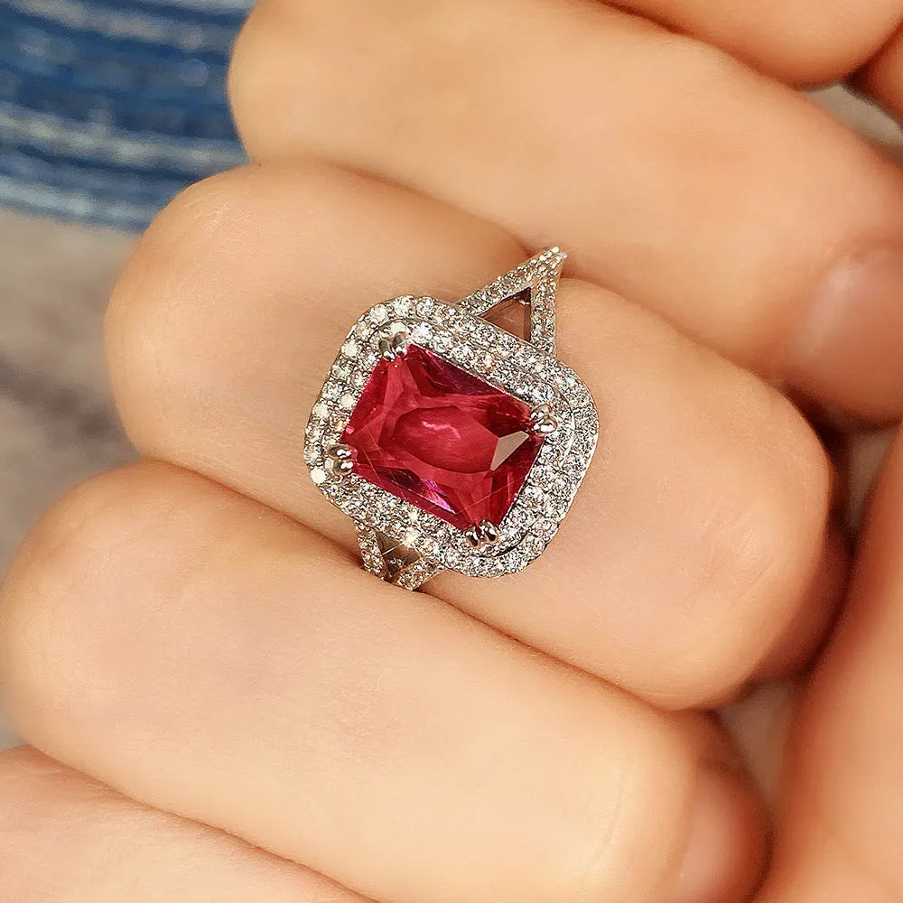 Women's square princess cut copper ring with rhinestones in F827 Red colour.