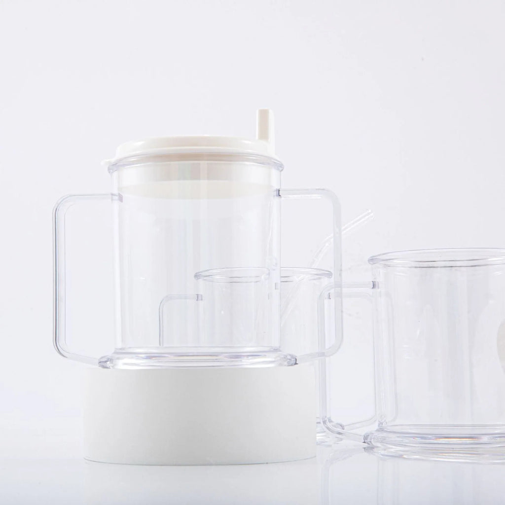 Transparent plastic drinking cup with secure lid showing dimensions and spill-proof design