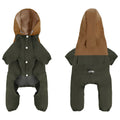 British-style khaki waterproof polyester shell jacket on a small dog.