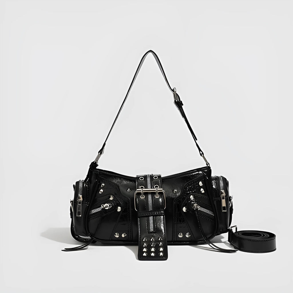 Black retro dumpling-shaped shoulder handbag with oil wax leather finish and external pocket