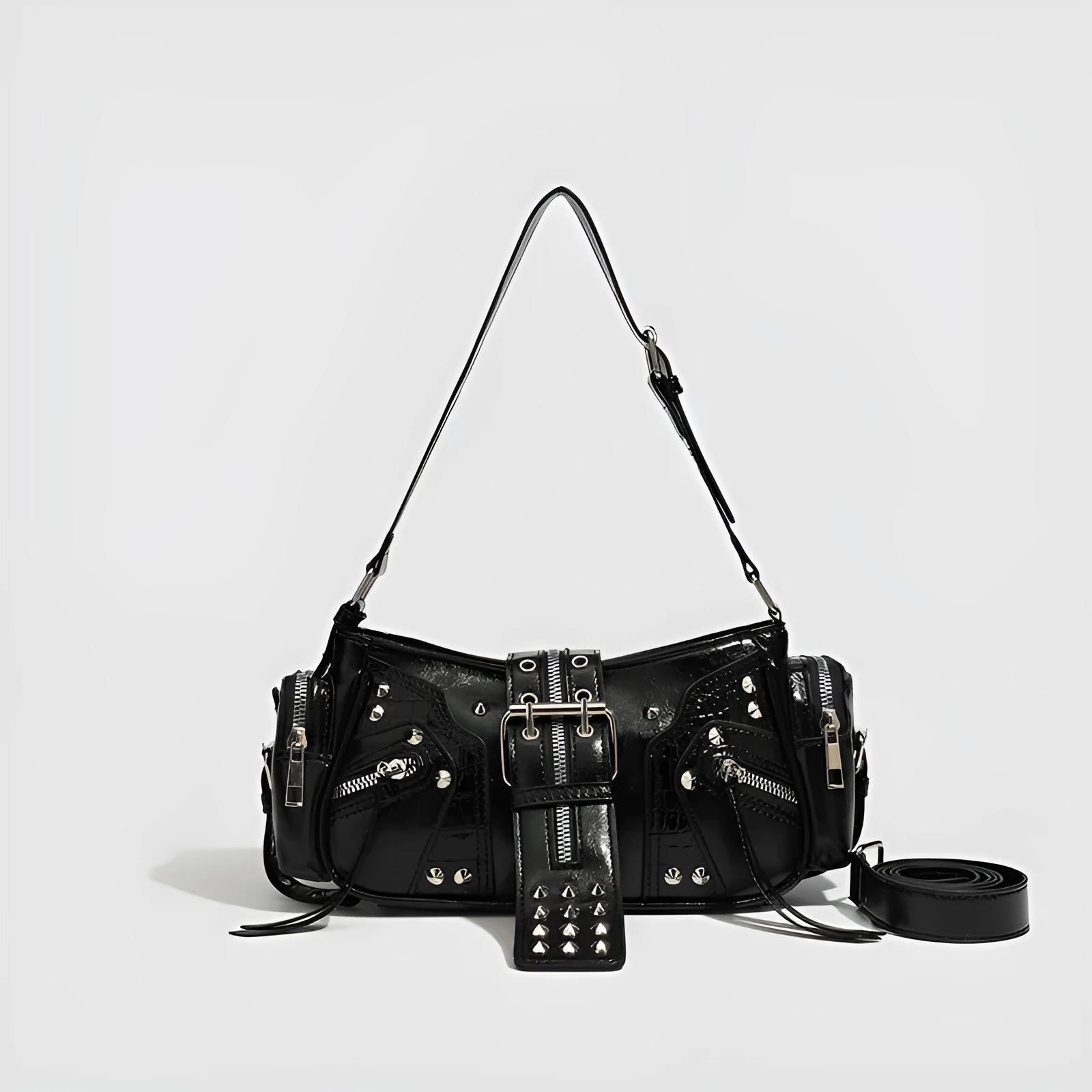 Black retro dumpling-shaped shoulder handbag with oil wax leather finish and external pocket