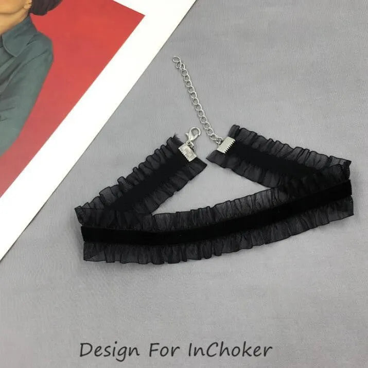 Black velvet ruffled clavicle necklace with flower pendant on snake bones chain