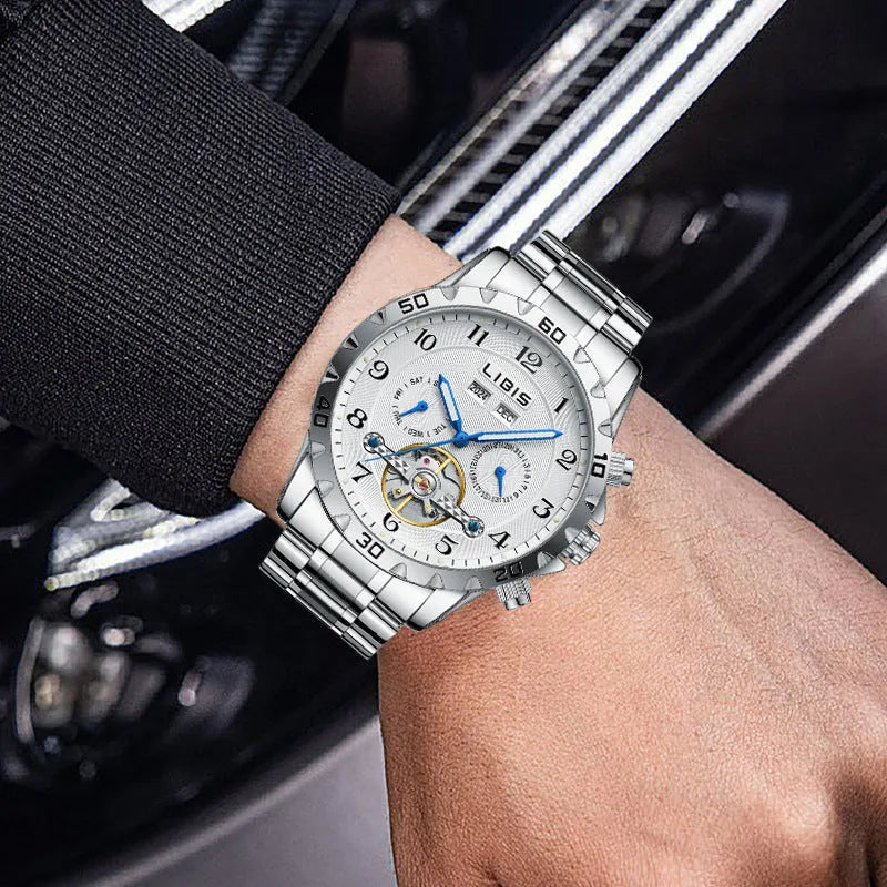 Men's silver stainless steel automatic perpetual calendar mechanical watch with a business-style dial.