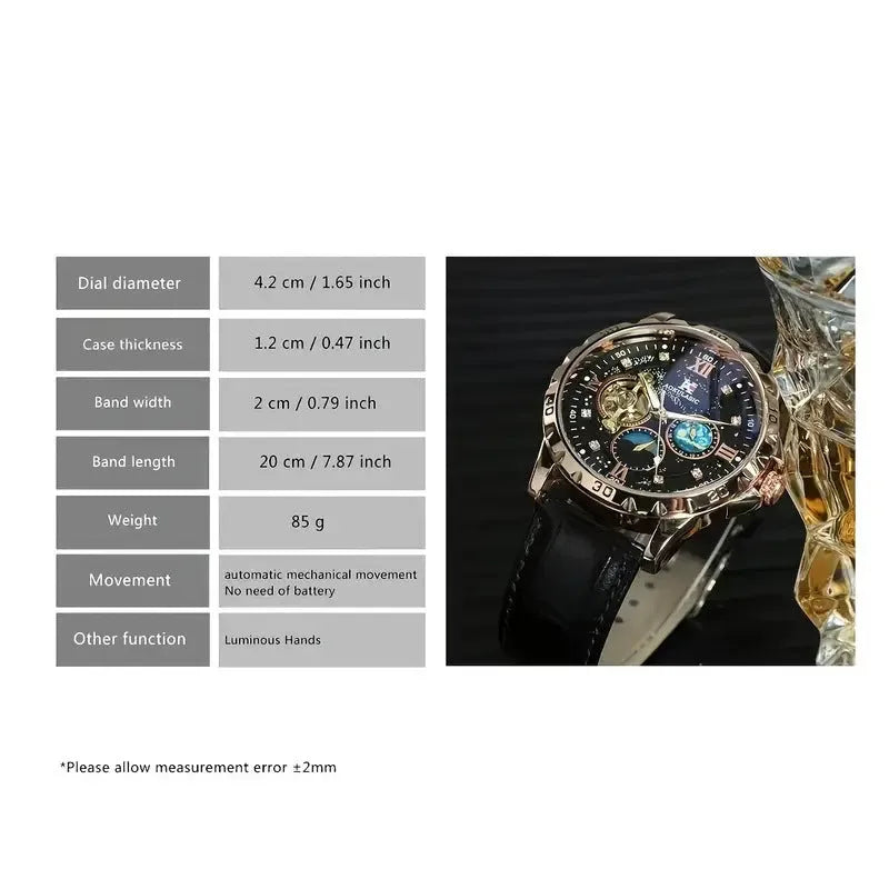 Automatic mechanical watch with hollow dial, rose gold case, black leather strap