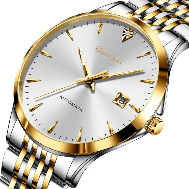 Men's simple dial automatic watch with stainless steel strap in gold-black, gold-blue, gold-white, or white.