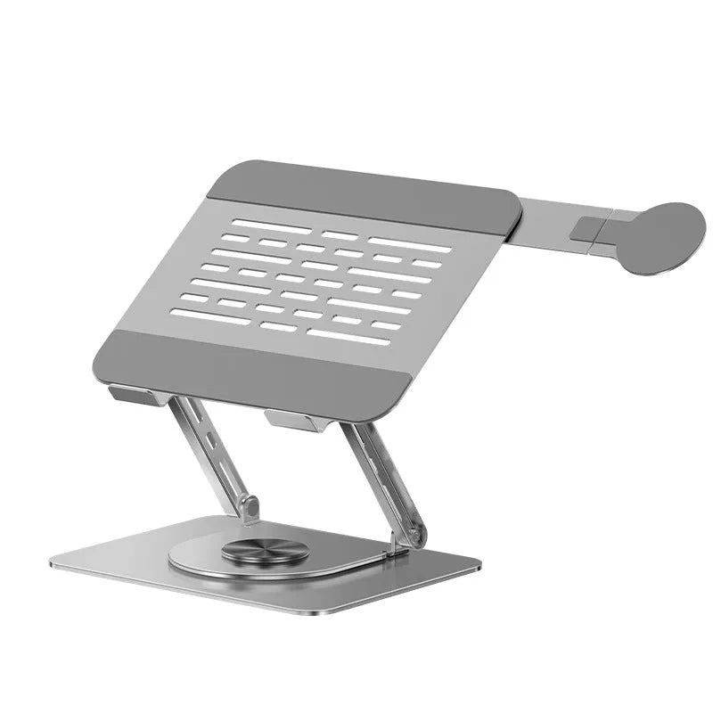 Silver carbon steel laptop stand with a rotating base and a side-mounted magnetic mobile phone holder.