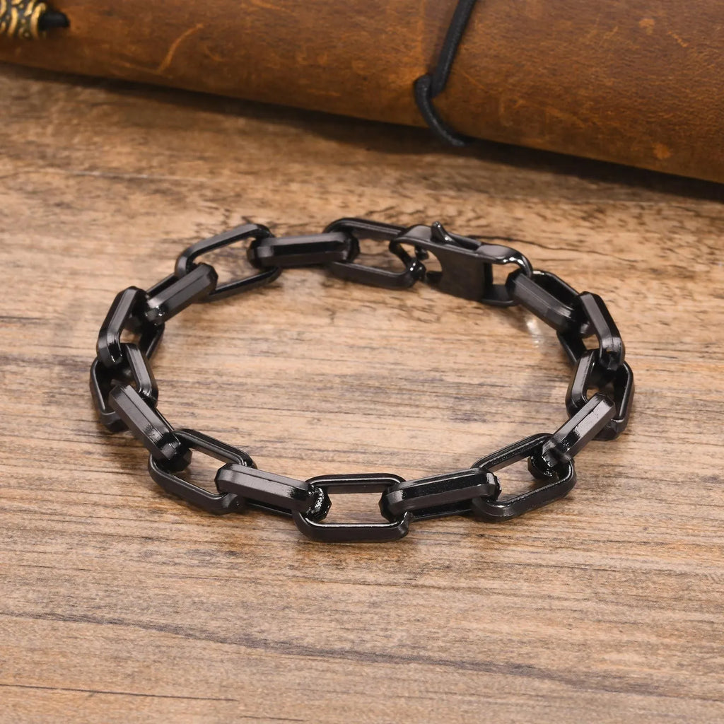 Men's simple square chain titanium steel bracelet in black, gold, retro, and steel colour options.