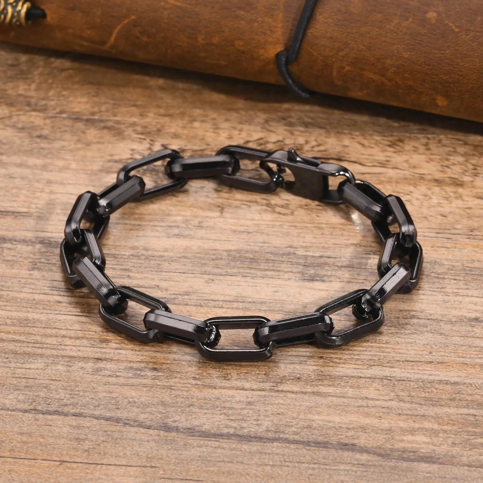 Men's simple square chain titanium steel bracelet in black, gold, retro, and steel colour options.