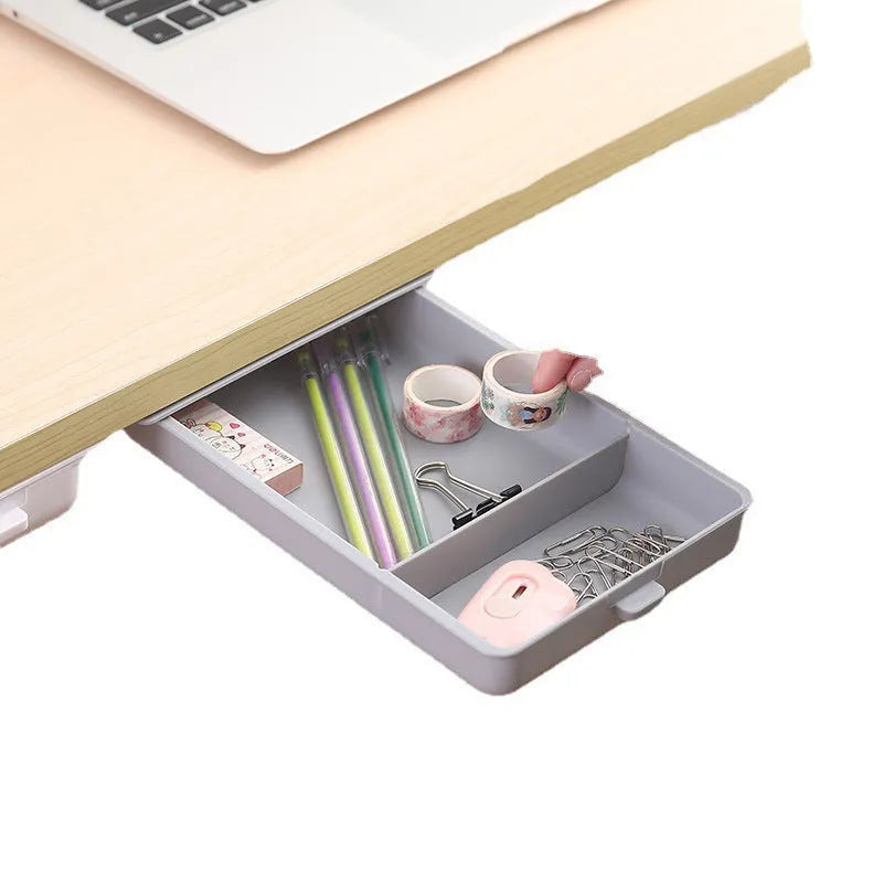 Plastic self-adhesive under desk storage drawer organiser box with grid lid in white, grey, yellow, or orange.