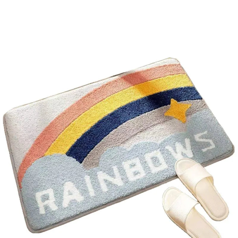 Square sky sea coloured floor mat with a printed rainbow pattern, flat polyester fibre texture.