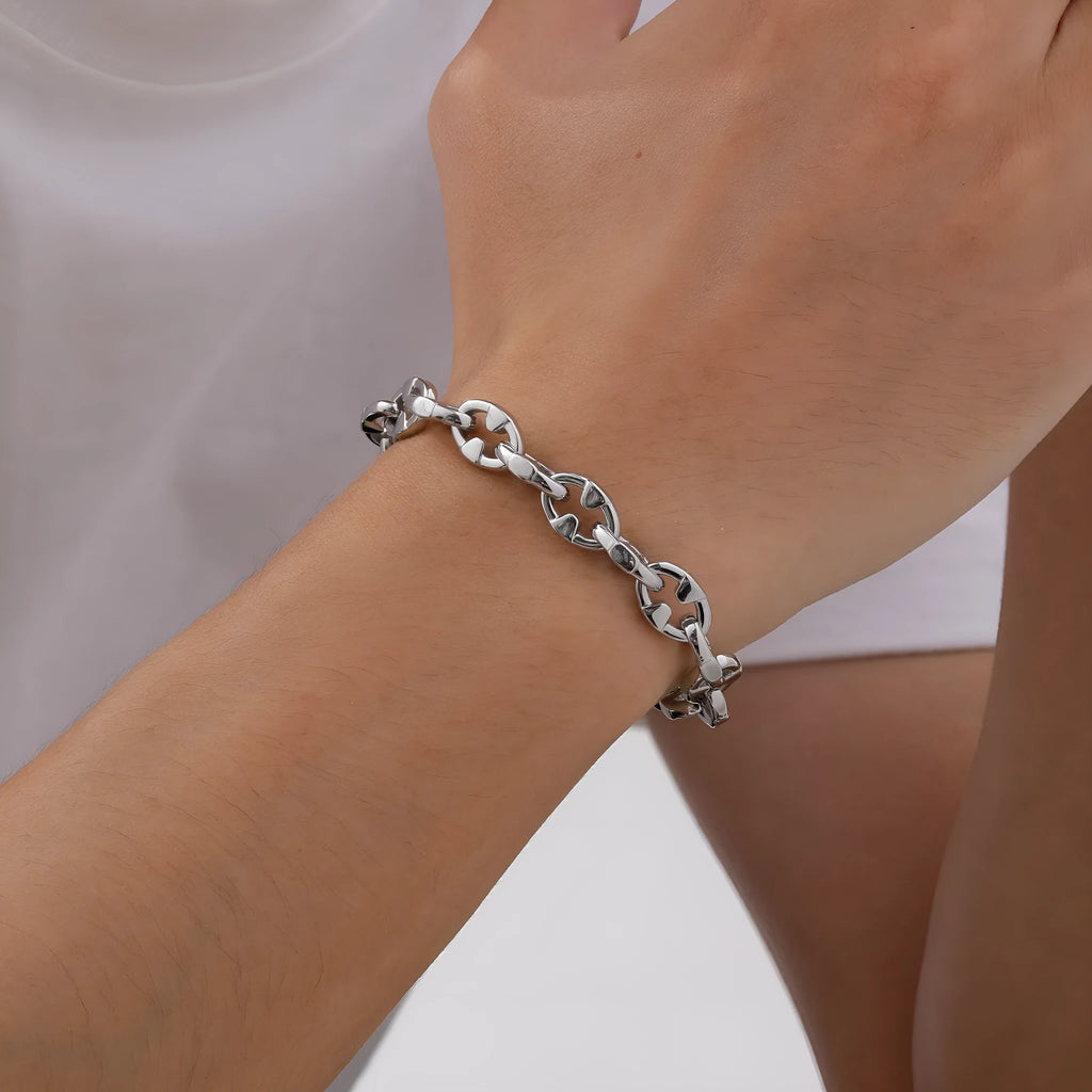 Men's thick handmade stainless steel chain bracelet with geometric links in steel colour.