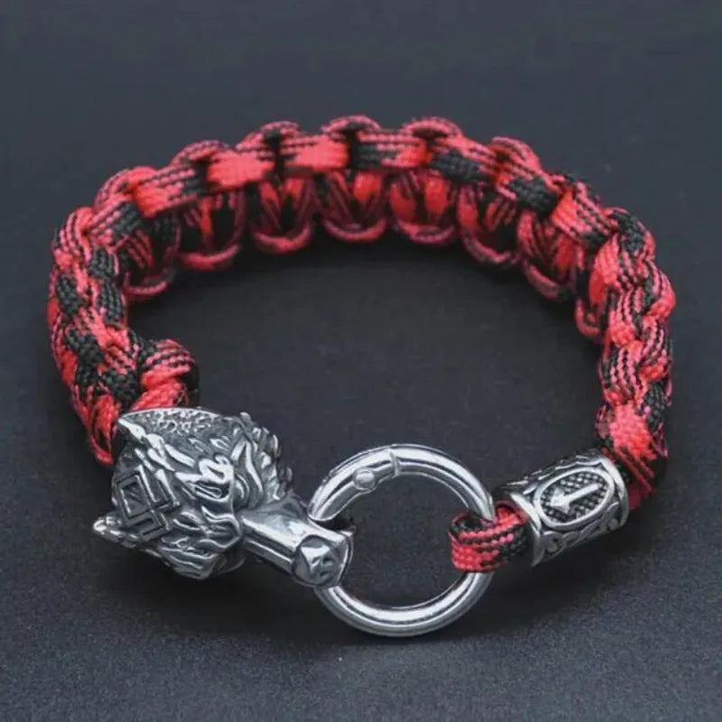 Handmade titanium steel wolf head bracelet with Luen character in camouflage colour.
