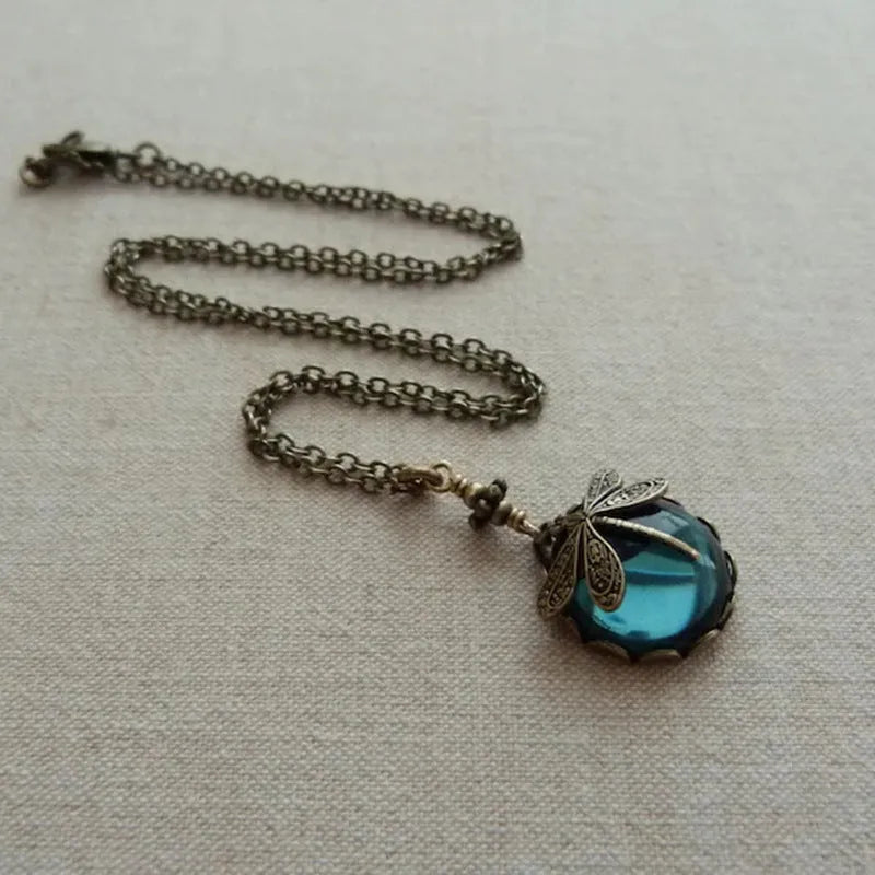 Vintage bronze dragonfly pendant necklace with hand-carved details on 925 silver chain