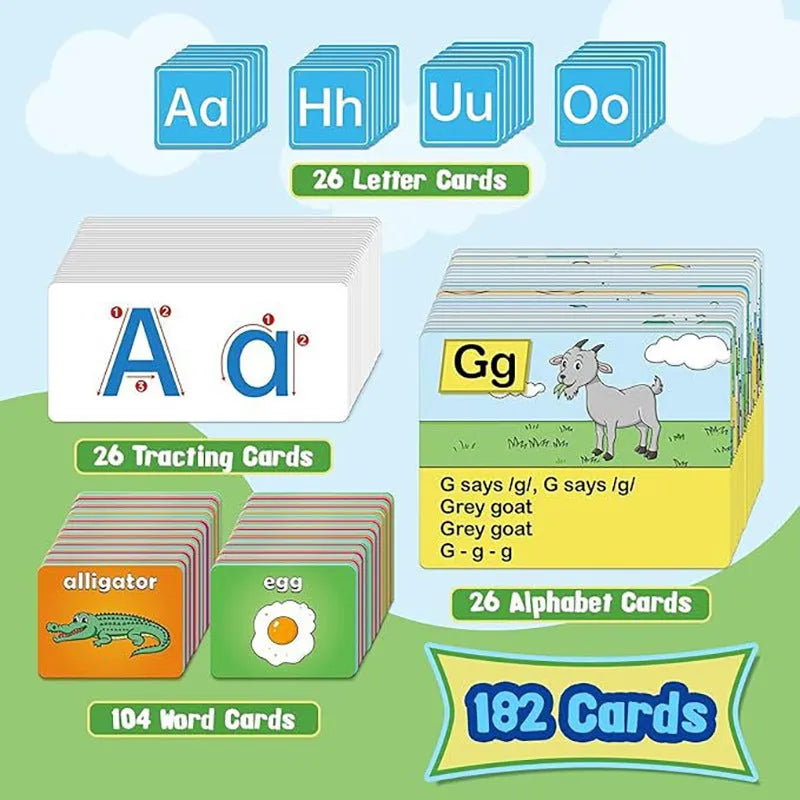 Alphabet learning chart with letter cards, word cards, and picture cards laid out on a table.