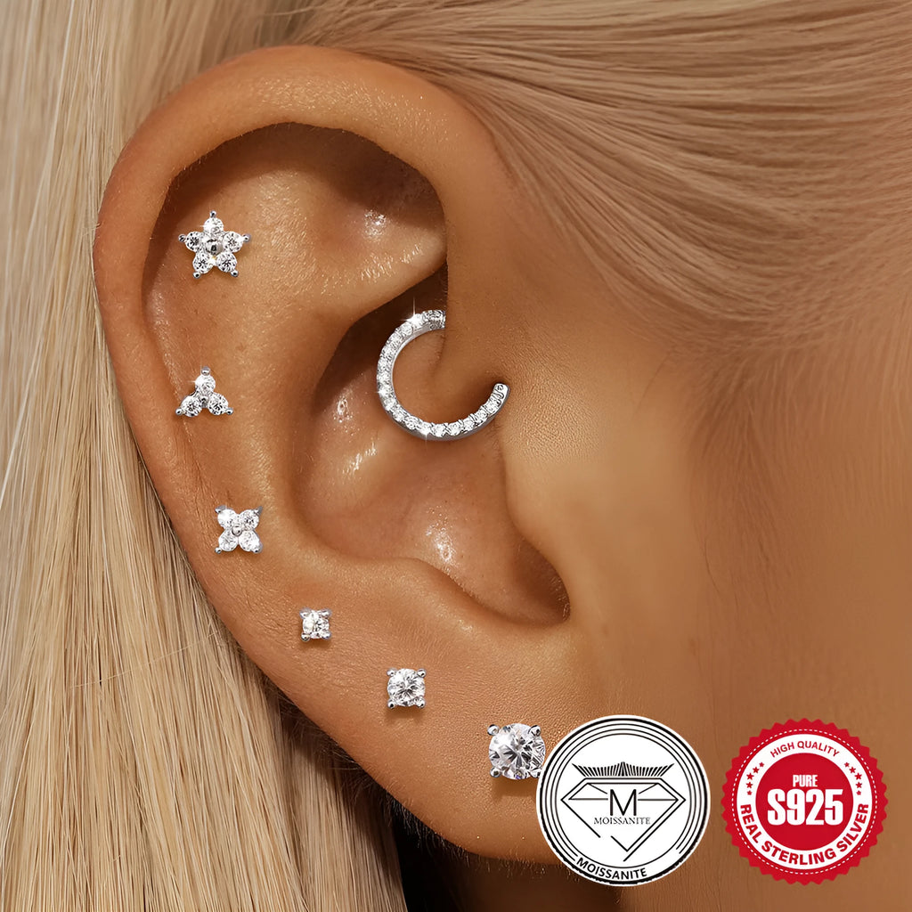 Platinum plated sterling silver clip-on earring showing geometric petal and stud design options.