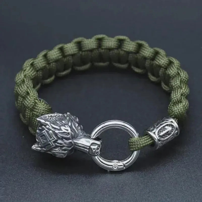 Handmade titanium steel wolf head bracelet with Luen character in camouflage colour.