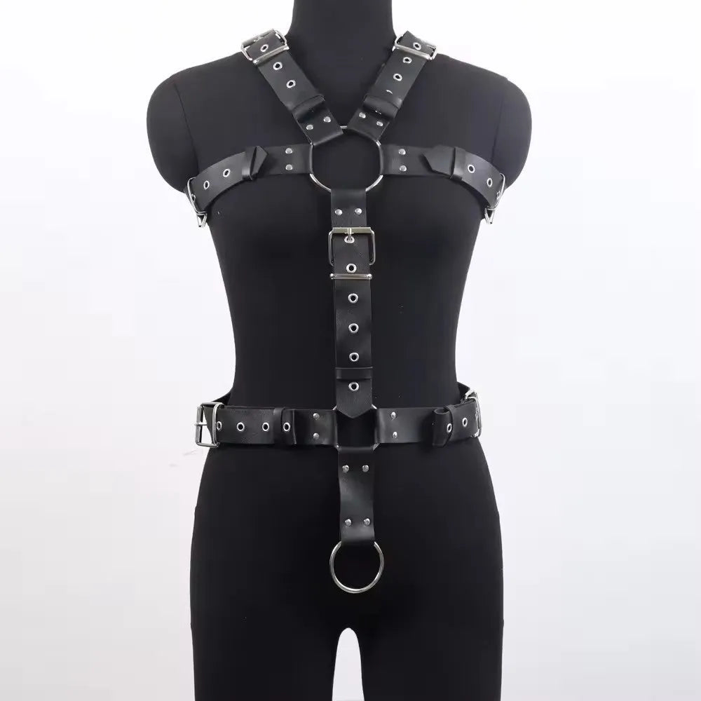 Black imitation leather bondage suit set with thin corset belt and adjustable pin buckle.