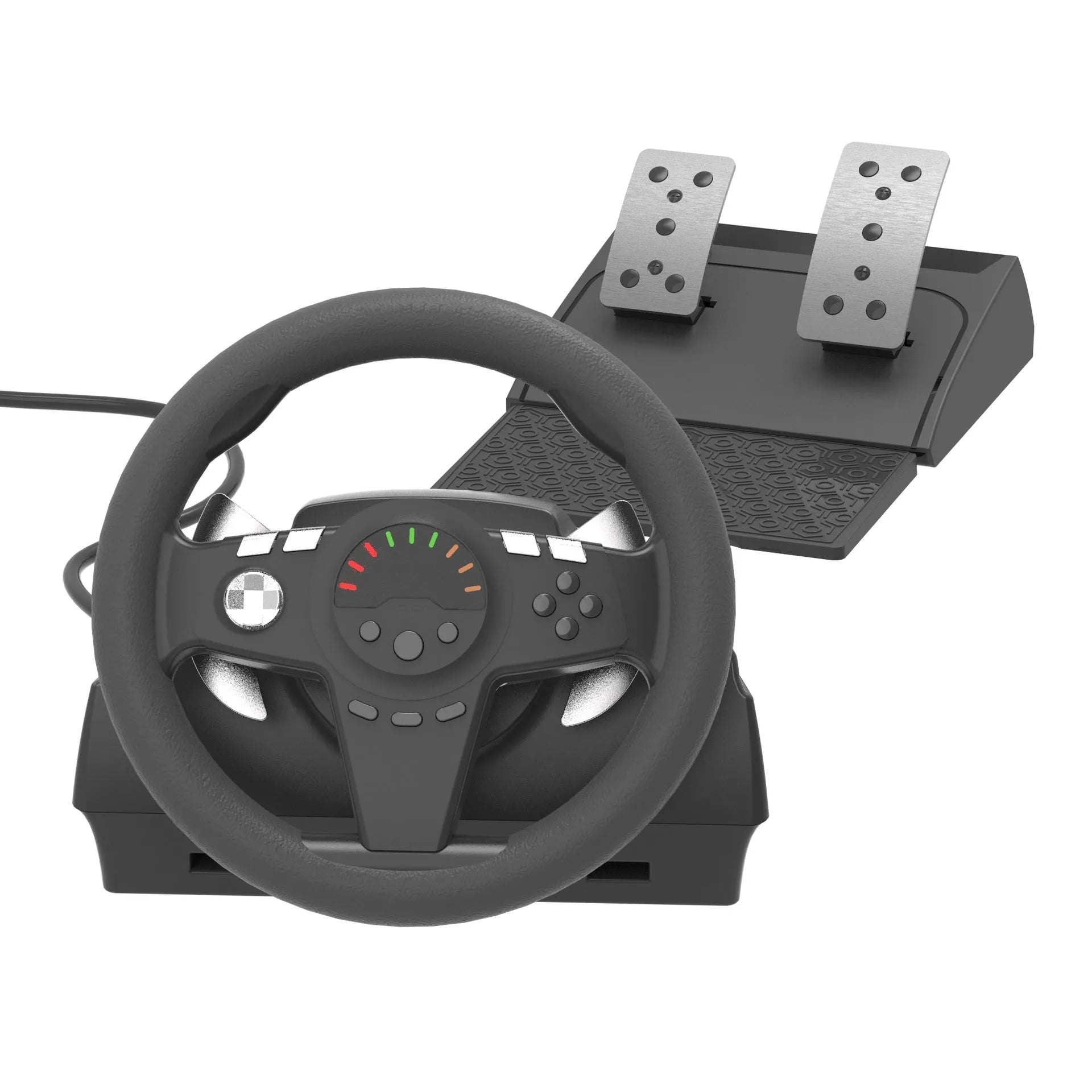 Black multi-platform steering wheel and two pedal set with manual bracket for racing games.