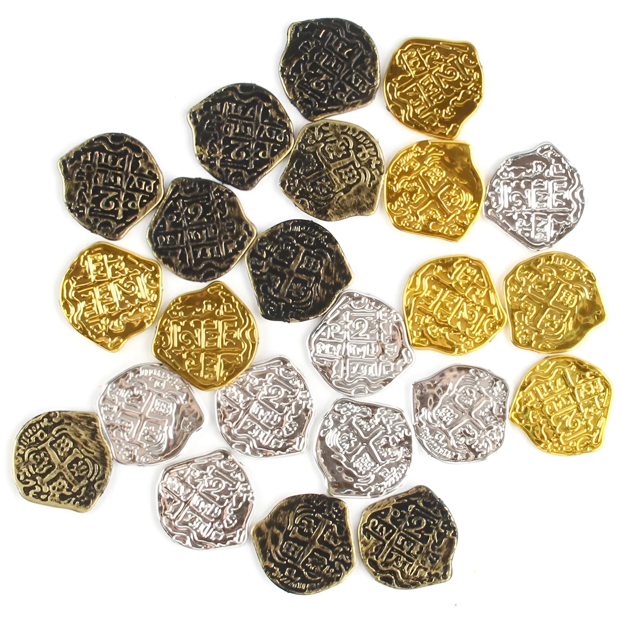 Set of 100 electroplated plastic Roman coins in a pile, showing gold, silver, and bronze metallic finishes.