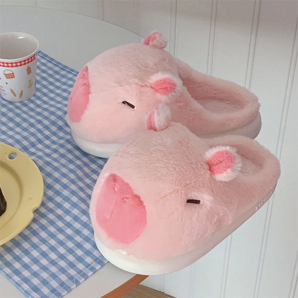 Cute cartoon Capabala cotton slippers with suede upper and EVA sole in brown and pink for indoor use